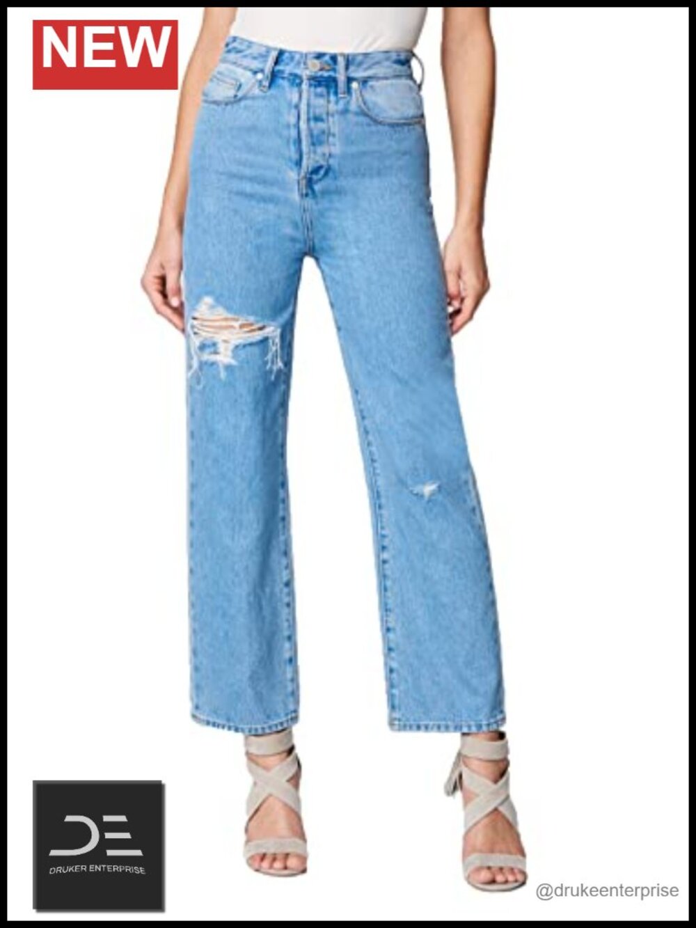 High Rise Straight Leg Ripped Jeans 100% Cotton Non-Stretch Casual